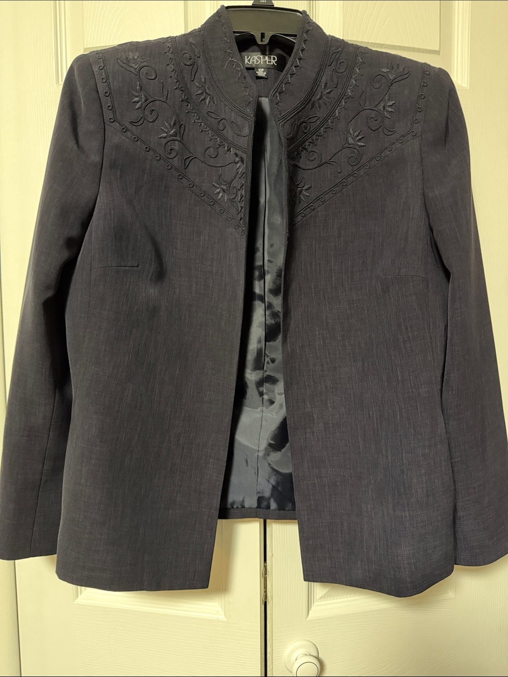 Kasper Navy Blue Embroidered  Three Piece Suit. Blazer, crop tank and pants.